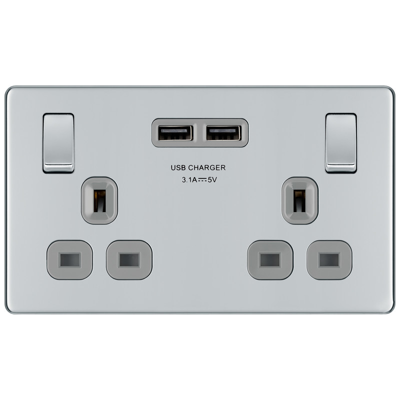 BG Screwless Flat Plate Polished Chrome 13A SP USB Switch Socket