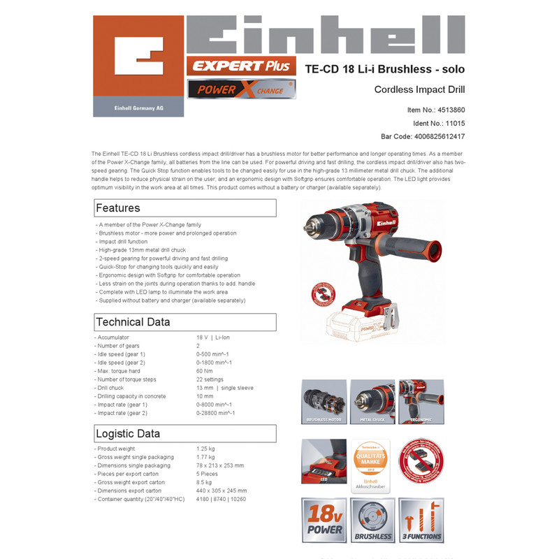 Einhell PXC 18V Cordless Brushless Combi Drill
