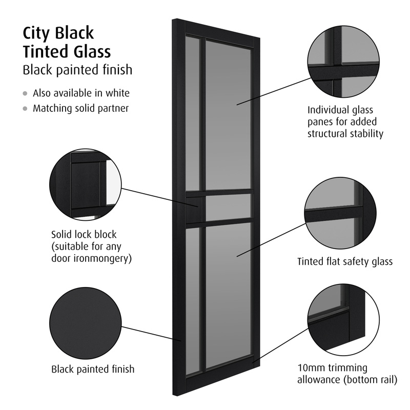 City Black Tinted Glass Internal Door 35 x 1981 x 762mm Toolstation
