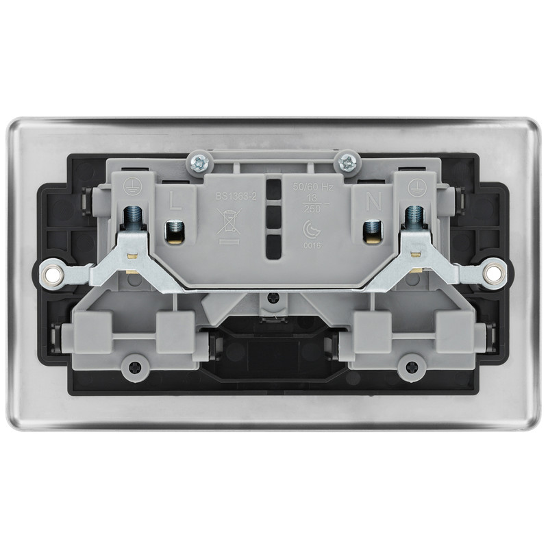 BG Brushed Steel 13A DP Black Insert Switched Socket