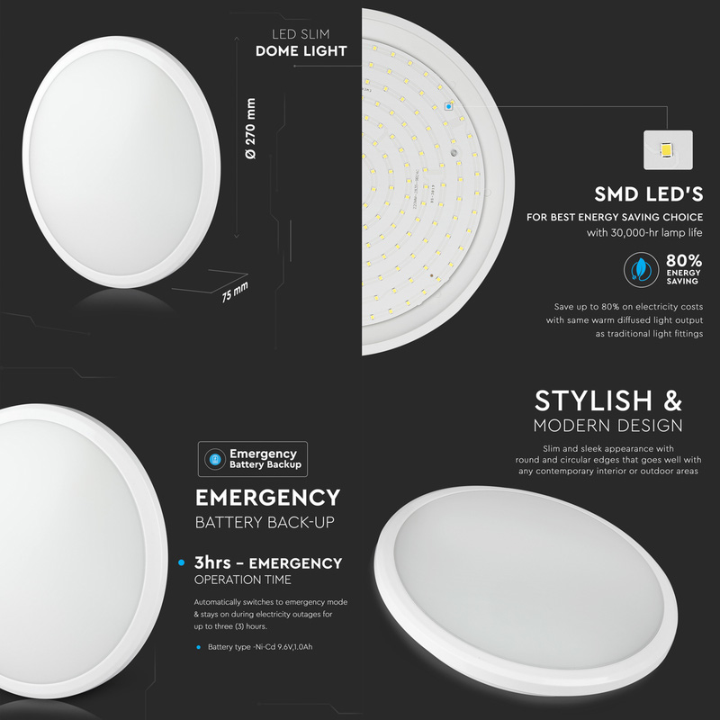 V-TAC LED Decorative Slim Bulkhead IP65 14W Emergency 1440lm 4000K