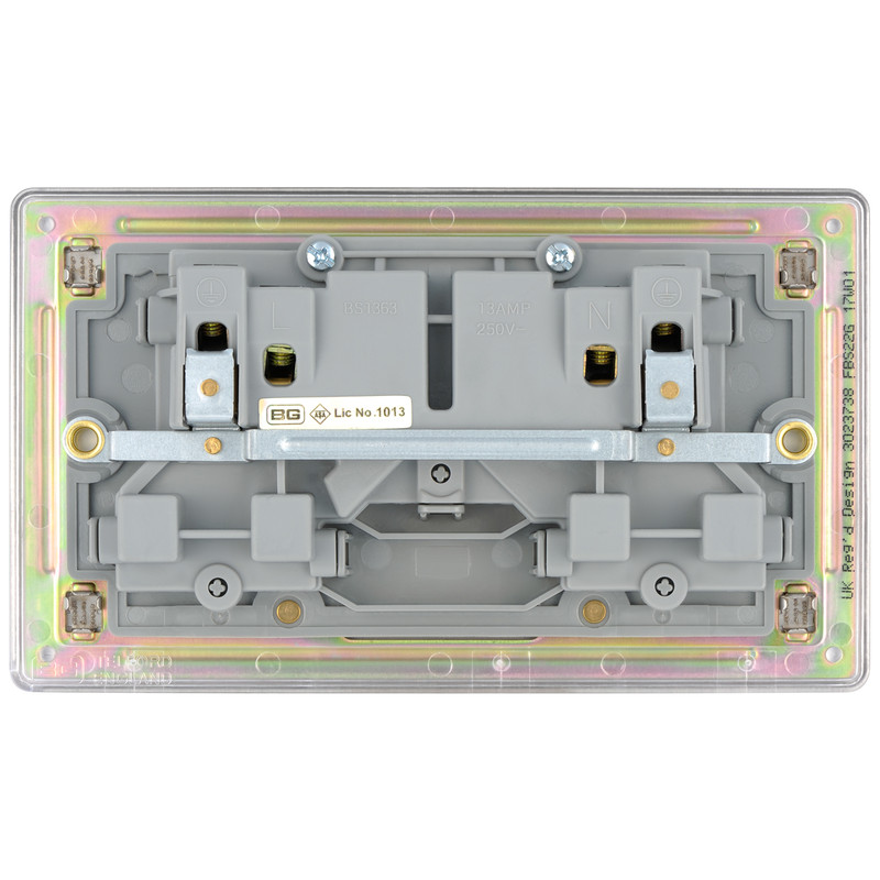 BG Screwless Flat Plate Brushed Stainless Steel 13A DP Switch Socket