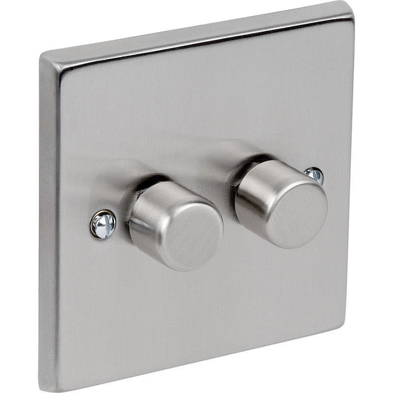 Satin Chrome Dimmer Switch 250W 2 Gang 1 Way