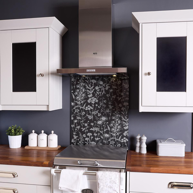 Laura Ashley Lisette Metallic Glass Splashback 600 X 750Mm (1) In Charcoal Black/Dark