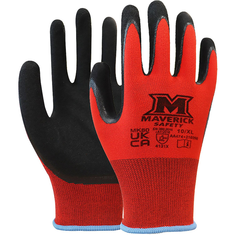 Maverick Safety Mk80 Flexi Grip Work Gloves X-Large (Pair) In Black/Red Nylon/Spandex