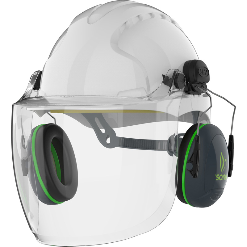 Jsp Evo3 Machinery Helmet With Sonis Ear Defenders & Evoguard C1 Industrial Visor In Steel White