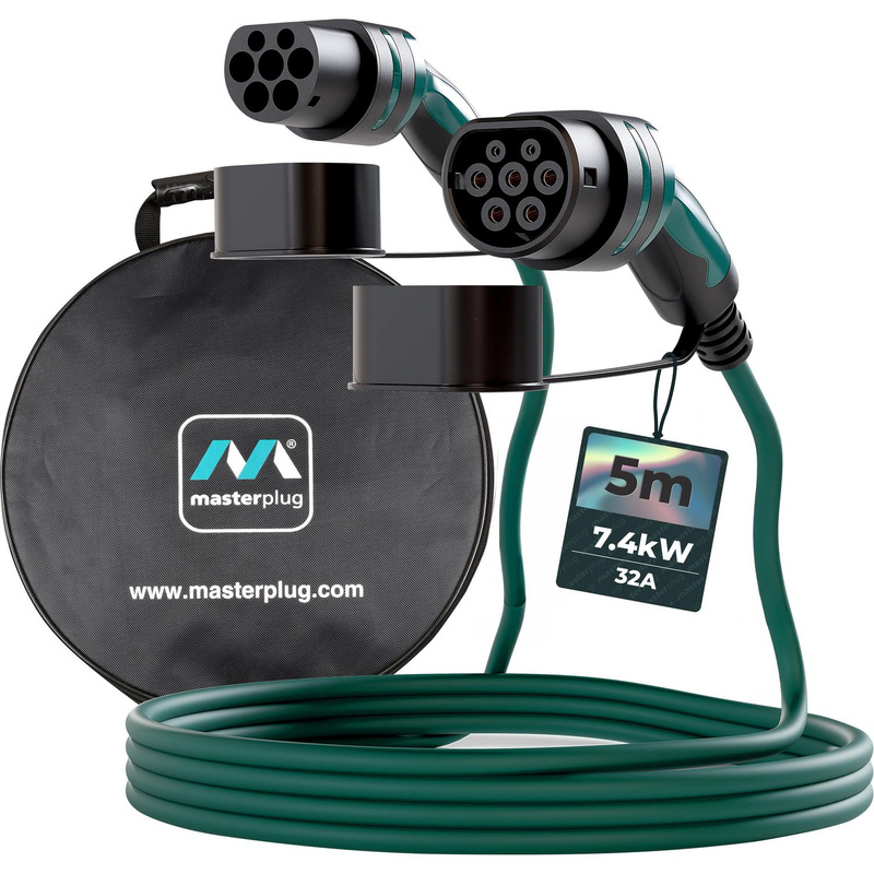 Masterplug Ev Charging Cable Type 2 Single Phase Mode 3 5M 7.4Kw 32A With Case In Green