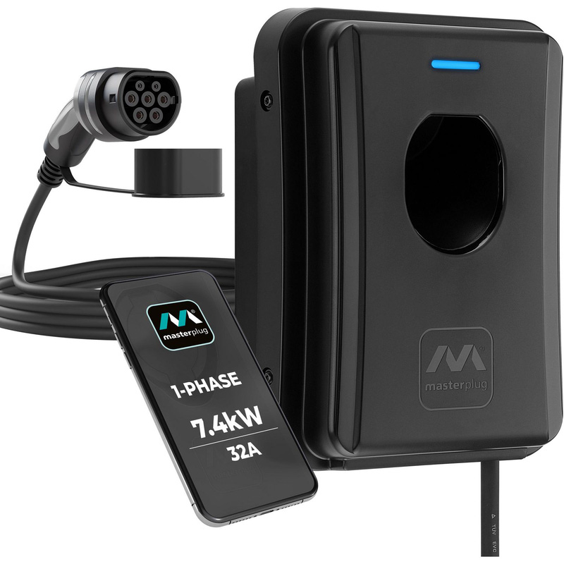 Masterplug Ev Smart Wall Charger Type 2 Single Phase Tethered Mode 3 Ip55 7.4Kw 32A In Black