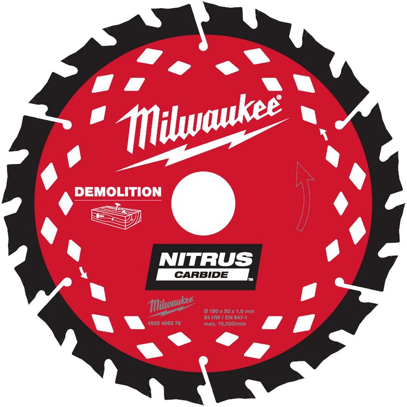 Milwaukee Nitrus Carbide Demolition Circular Saw Blade 190Mm X 30Mm X 1.8Mm 24T In Red/Black